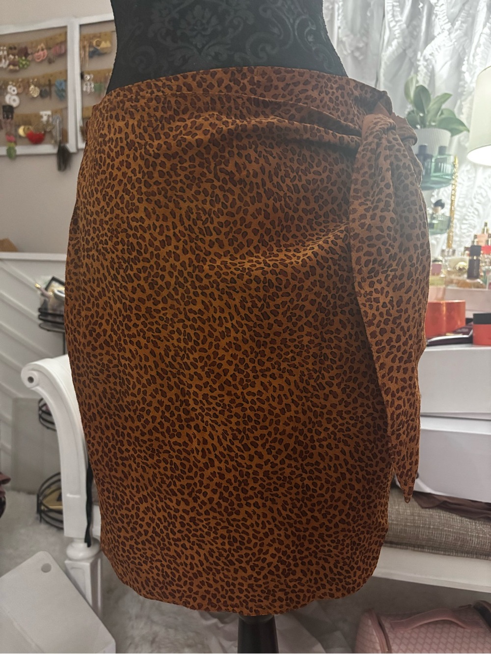 Leopard Print Wrap Midi Skirt - Brown